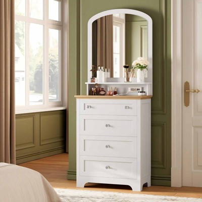 COZONY Modern Vanity Dresser with Mirror, Charging Station & LED Strip, 4-Drawer Cabinet w/ Crystal Knobs