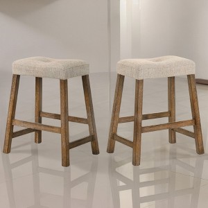 Okak Set of 2 Rustic Solid Wood Counter Height Bar Stools for Dining Rooms,Faux Leather Upholstered Counter Bar Stools Without Back - 1 of 4