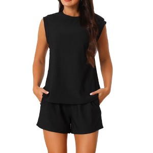 Seta T Women's Two Piece Knit Stretchy Ribbed Sleeveless Tank Top and Shorts Tracksuit Lounge Sets - 1 of 4