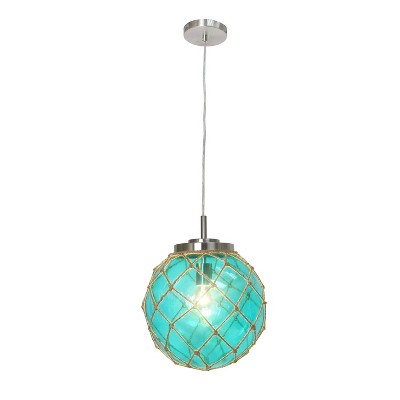Aqua Sea Glass Globe Pendant with Brushed Nickel & Natural Rope Accent