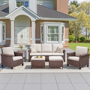 Buenhomino 5-Piece Wicker Sofa Set with Coffee Table, Outdoor Conversation Set with Cushions & Ottomans for Balcony or Garden - 1 of 4
