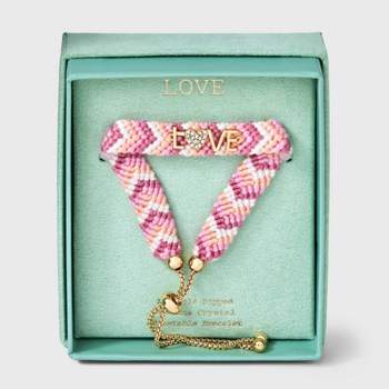 14K Gold Dipped "Love" with Crystal Heart Woven Adjustable Bracelet - A New Day™ Pink
