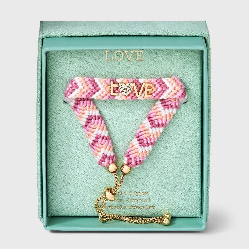 14K Gold Dipped &#34;Love&#34; with Crystal Heart Woven Adjustable Bracelet - A New Day&#8482; Pink, 1 of 6