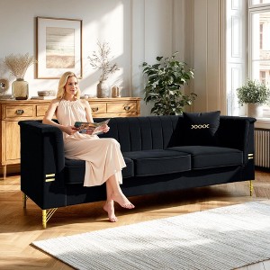82.67'' Velvet Modern Vertical Channel Tufted Backrest Chesterfield 3-Seater Sofa with Gold Metal Legs and 2 Pillows - 1 of 4