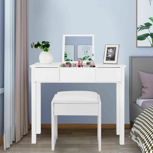 Costway White Vanity Dressing Table, Small White Vanity With Stool