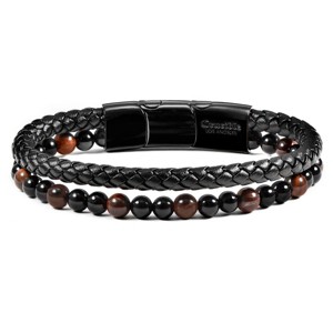 Crucible Men's Red Tiger Eye and Onyx Stone Bead Leather Bracelet - 8.25" + 0.5" Ext - 1 of 4