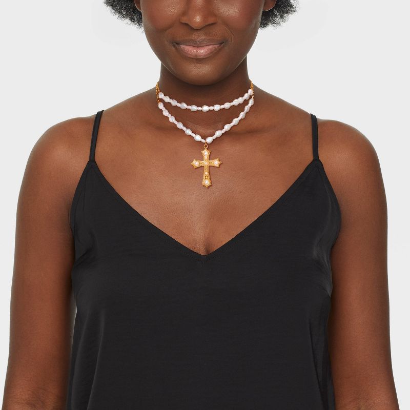 Layered Simulated Pearl and Cross Charm Choker Necklace - Wild Fable&#8482; Ivory, 3 of 6