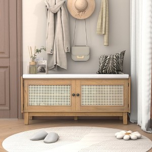 Okak Modern Shoe Storage Bench with Rattan Doors & Soft Cushioned Seat,Accent Wooden Shoe Bench for Entryway,Hallway - 1 of 4