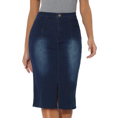 Allegra K Women's Slit Elastic High Waist Below Knee Length Stretch Bodycon Pencil Denim Skirt