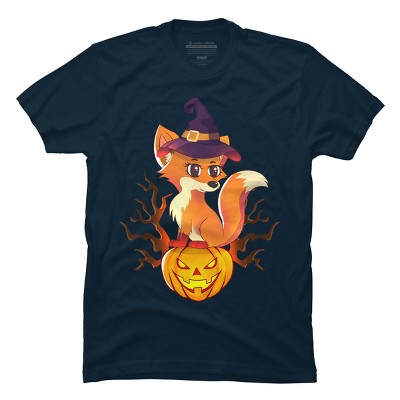 Men's Design By Humans Cute Witch Fox With Jack O Lantern Halloween Shirt By thebeardstudio T-Shirt
