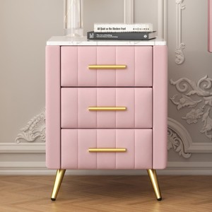 SEVOBAL Nightstands Upholstered Wooden Bedside Table with 3 Drawers and Marbling Worktop for Bedroom Storage, Pink, 16.3"*16.3"*21.8" - 1 of 4