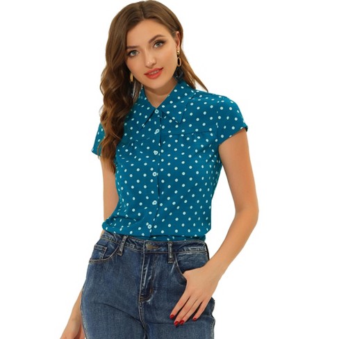 Allegra K Women's Short Sleeve Vintage Polka Dots Button Up Blouse Lake ...
