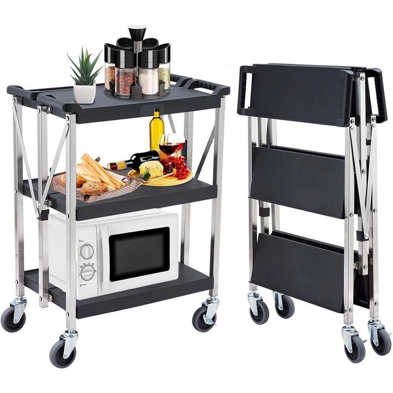 Portable Folding Service Cart 3-Tier Fold Up Rolling Cart 330lbs 26.7"Dx16"Wx36"H, 1 of 7