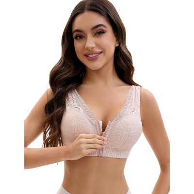 INSPIRE CHIC Women's Lace Zip Front Closure Full Coverage Wirefree Wide Straps V Back Padded Bras