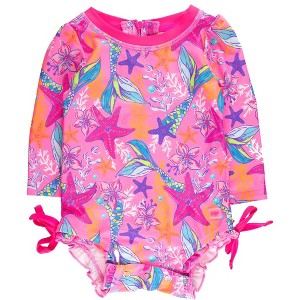 RuffleButts Baby Girls UPF50+ Sun Protected Neon Long Sleeve One Piece Rash Guard Swimsuit, with Signature Rear Ruffle - 1 of 2