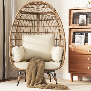Egg Chair, Wicker Egg Chair with Plush Cushion, Steel Frame and Metal Base, Lounge Chair for Indoor & Outdoor Patio, Living Room, and Backyard - 1 of 4