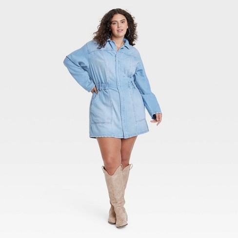 Blue Wash Seam Long Sleeve Denim Dress