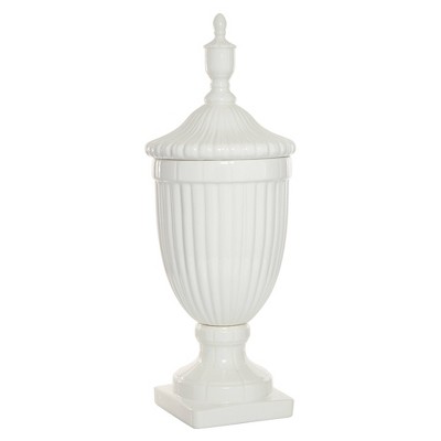 26" White Ceramic Tall Fluted Urn Vase with Lid