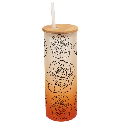 Elanze Designs Rose Flower Garden Wrap-Around Design 25 Ounce Frosted Gradient Glass On-The-Go Coffee Travel Skinny Tumbler Mug Cup, Bamboo Lid and