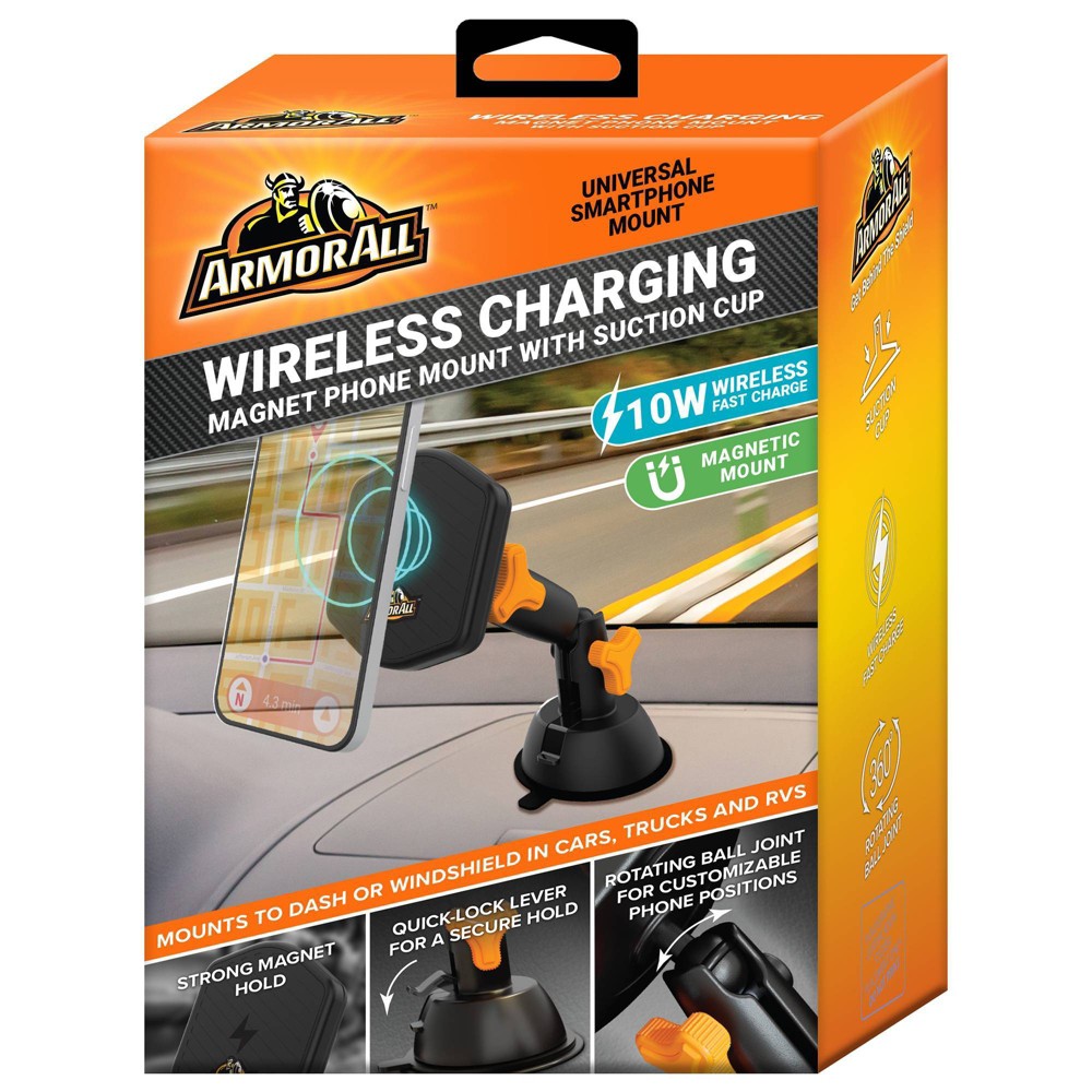 Armor All Wireless Charging Magnetic Phone Mount with Suction Cup: Automotive Accessory, 1 Year Warranty, Orange/Black