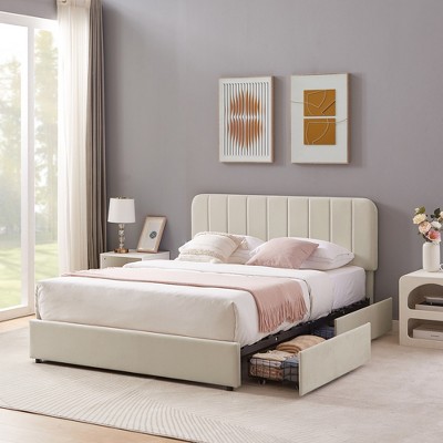 VECELO Upholstered Bed Frame with 1/4 Drawers and Adjustable Headboard, Twin/Full/Queen/King Platform Bed