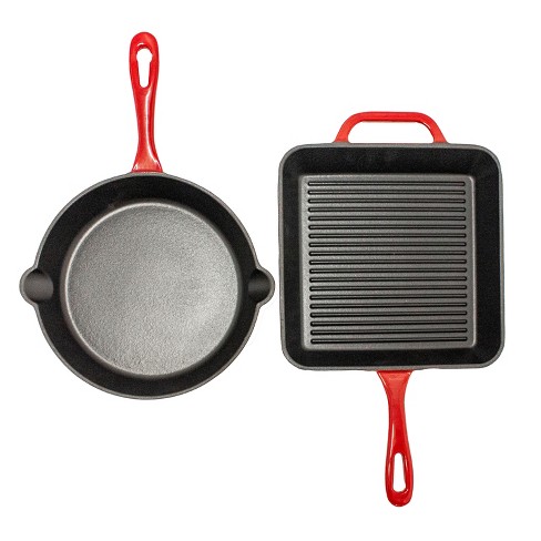 MegaChef Pre-Seasoned 6-pc Cast Iron Skillet Set w Lids & Red