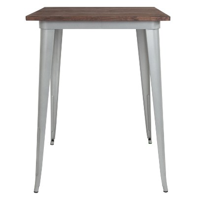 Industrial Rustic 31.5" Square Reclaimed Wood Bar Table with Silver Steel Frame