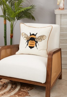 Beige Cotton Embroidered Bumble Bee Euro Throw Pillow