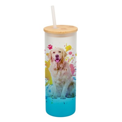 100 North 25 Ounce Frosted Glass Gradient Travel Tumbler With Straw & Wooden Lid, Golden Retriever Paint Splatter Sky Blue