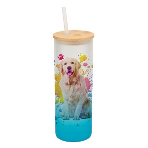 100 North 25 Ounce Frosted Glass Gradient Travel Tumbler With Straw & Wooden Lid, Golden Retriever Paint Splatter Sky Blue - 1 of 4
