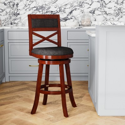 FURNIinspire Counter And Bar Stools Swivel Bar Stool Counter Stool, Vintage Bar Chair With Backrest, Cherry Frame, Charcoal Fabric Seat, 24"*24"*45"