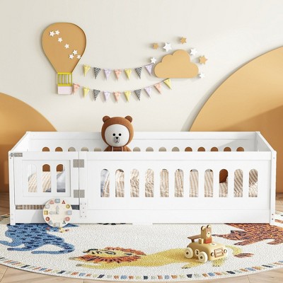 CAVINAS Twin Size Wood Montessori Bed,Modern Floor Bed with Heightened Safety Guardrails and Door,Toddler Bed for Bedroom
