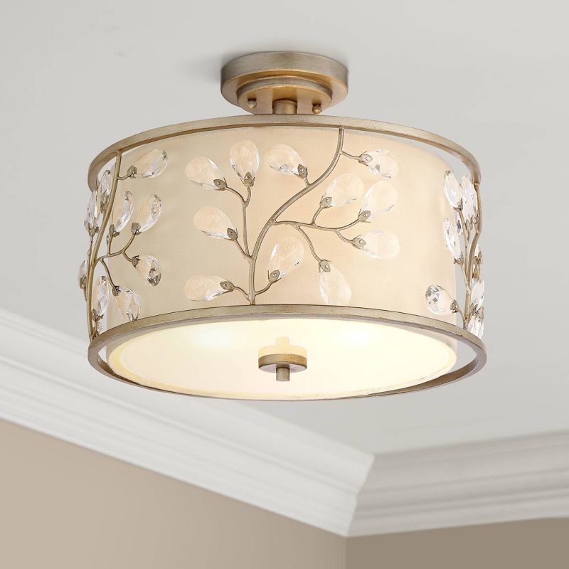 Barnes and Ivy Crystal Buds Vintage Ceiling Light Semi Flush Mount Fixture 16" Wide Antique Silver 3-Light Beige Fabric Drum Shade for Bedroom Kitchen, 2 of 7