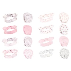 Hudson Baby Infant Girl 16Pc Cotton Headband and Scratch Mitten Set, Gray Feather Lace Medallion, 0-6 Months - 1 of 3