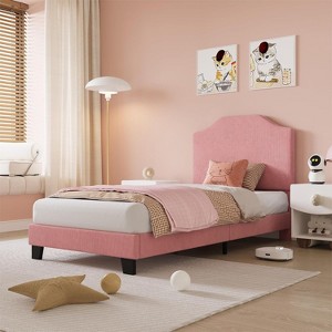 Acekool Kids Twin Bed Frame with Corduroy Headboard, Velvet Upholstered Platform, Slat Support, No Box Spring Needed, Easy Assembly - 1 of 4