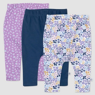 Honest Baby Girls' 3pk Organic Prairie Pretty Cotton Cuff-less Harem Pull-On Pants - Purple/Navy/White Newborn