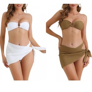 INSPIRE CHIC Women's O Ring Bandeau Ribbed Triangle Bottoms with Cover Up Bottoms Swimwear Bathing Bikini Suits 2 Sets - 1 of 4