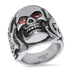 Steeltime Men's black ip & stainless steel and red simulated diamonds skull ring. Size Options: 9, 10, 11, 12 - 1 of 4