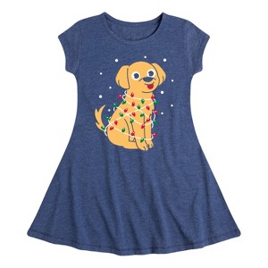 Girls' - Instant Message - Dog Wrapped In Christmas Lights Fit & Flair Cap Sleeve Graphic Dress - 1 of 4