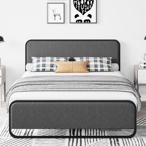 Full Size Metal Bed Frame with Curved Upholstered Headboard and Footboard, 10.3'' Underbed Space, No Box Spring Needed, Easy Assembly, Beige - 1 of 4