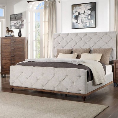 Gray Tufted Upholstered Queen Bed with Faux Leather and Wood Frame