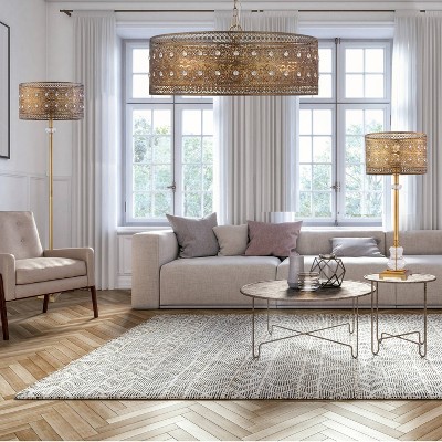 Elegant Brass and Crystal Drum Chandelier, 26" Glam Pendant Light