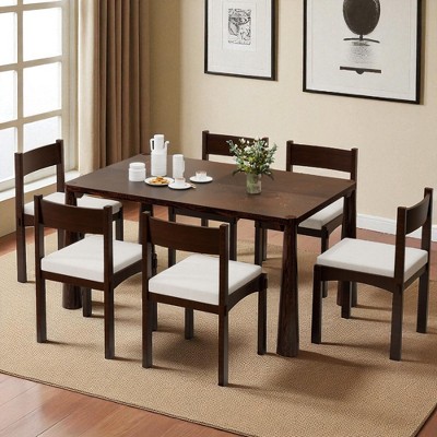 7-Piece Retro Dining Table Set, Wooden Rectangular Table with 6 Upholstered Chairs, Classic Kitchen & Dining Room Furniture for Family Meals