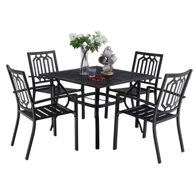 5pc Metal Indoor/Outdoor 37" Square Dining Table with Patterned Arm Chairs & 1.57" Umbrella Hole - Captiva Designs