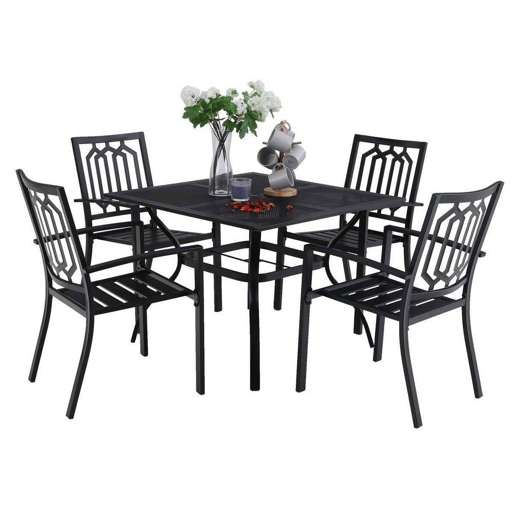 5pc Metal Indoor Outdoor 37 Square Dining Table with Patterned Arm Chairs & 157 Umbrella Hole Captiva Designs