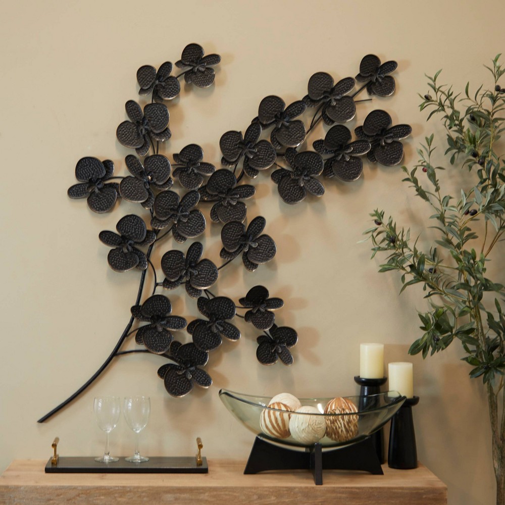 Photos - Wallpaper 60" x 36" Metal Floral Orchid Wall Decor with Stem Black - CosmoLiving by