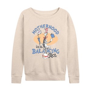 Women's - Dr. Seuss - Motherhood is a Balancing Act Lightweight French Terry Wide Neck Long Sleeve Graphic Shirt - 1 of 4