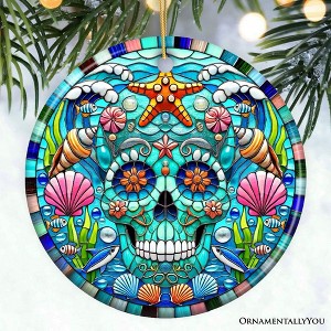 Oceanic Oasis Sugar Skull Stained Glass Style Ornament, Marine Wonder Christmas Gift and Decor| OrnamentallyYou - 1 of 4