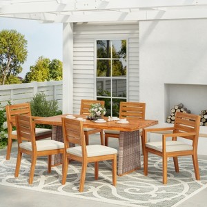 Christopher Knight Home Juliette Rustic 7 Piece Outdoor Rattan Acacia Wood Slatted Dining Set with Cushions - 1 of 4