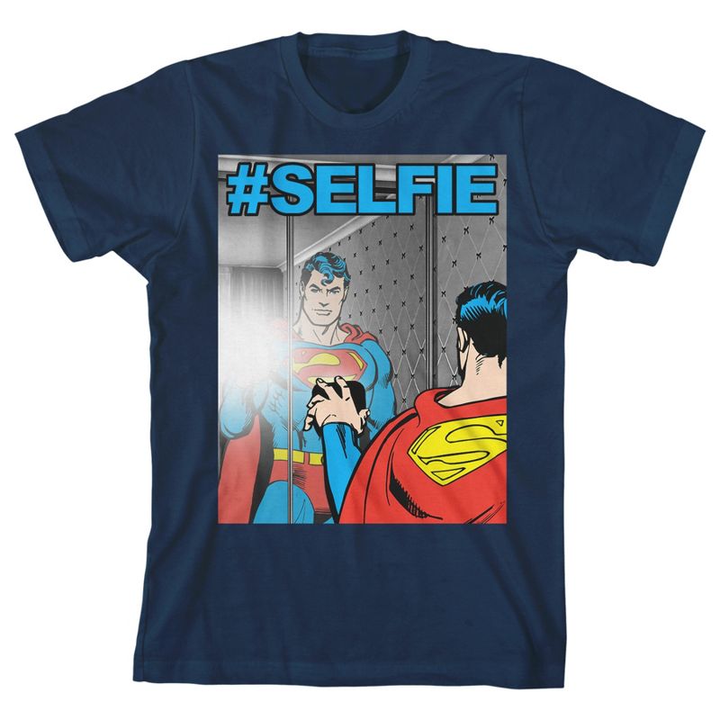 Superman Selfie Youth Boys Navy T-Shirt, 1 of 4
